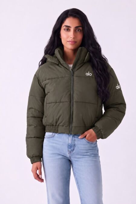 Khaki Short Hooded Printed Puffer Coat